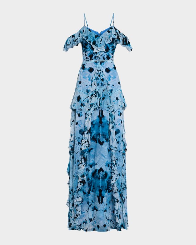 Cold-Shoulder Ruffle Chiffon Gown